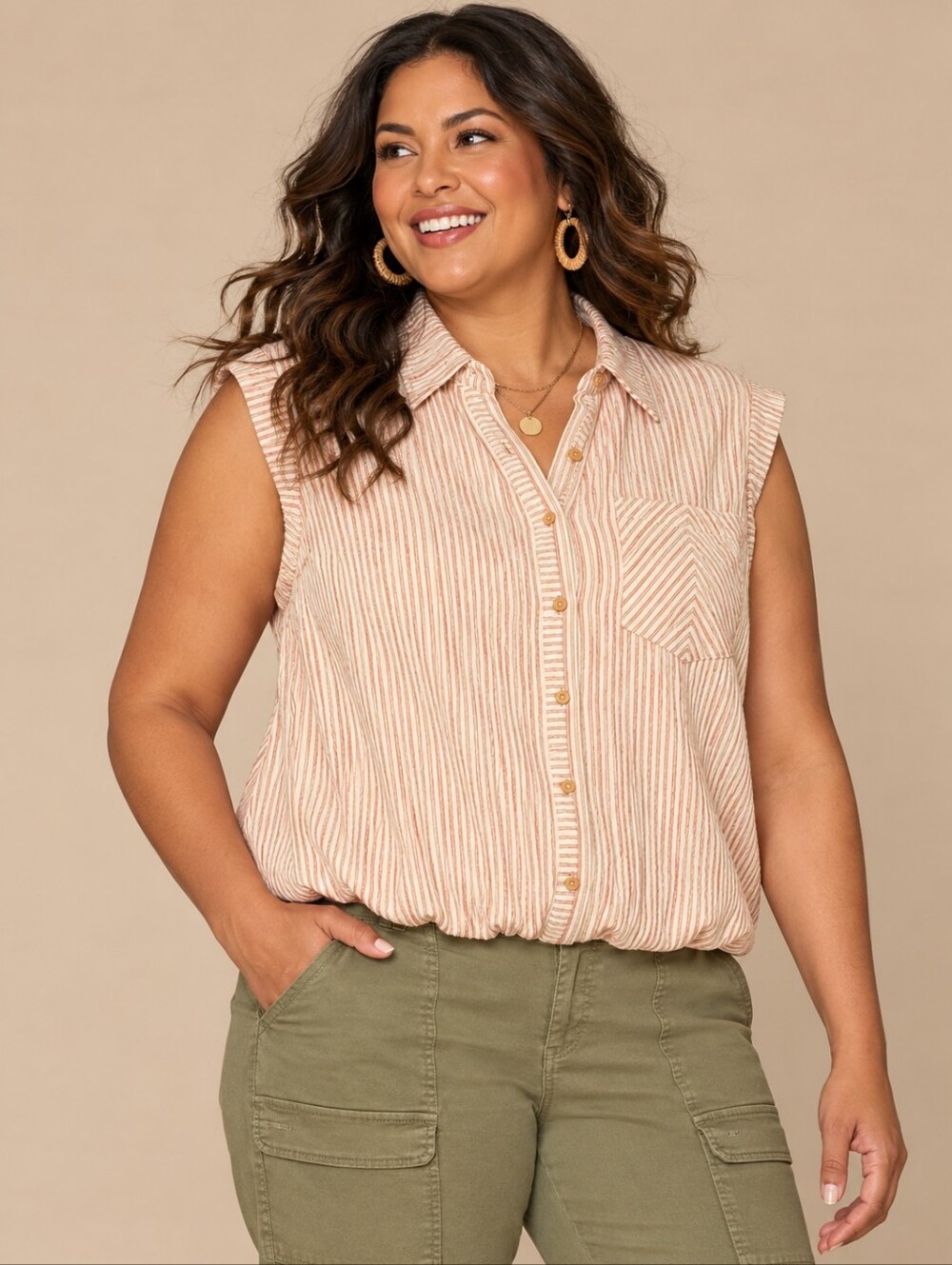 Democracy Ecru Rust Striped Bubble Hem Button Down Blouse XL NWT